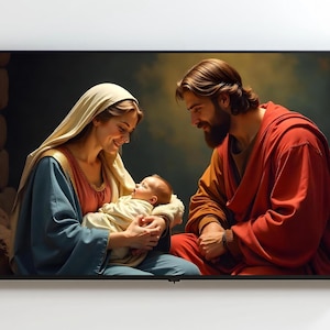 Peut inclure: Une œuvre d'art encadrée représentant une scène religieuse. Une femme en robe bleue et rouge berce un bébé, tandis qu'un homme en robe rouge observe. L'œuvre a une palette de couleurs chaudes et est placée sur un fond sombre.
