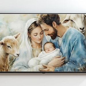 Peut inclure: Peinture à l'aquarelle d'une famille avec un bébé, un agneau et un mouton. Les parents embrassent le bébé, enveloppé dans une couverture blanche. L'œuvre d'art a une qualité douce et éthérée avec des couleurs sourdes et un thème religieux.