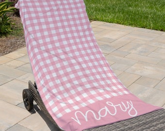 Personalized Swim Towel for Kids Cotton Pool Towel Personalized with Name Gingham Print Beach Towel Summer Birthday Present Pool Party Gift