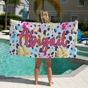 Leopard Print Beach Towel Personalized Swim Towel Summer Birthday Gift for Teen Granddaughter Birthday Pool Party Gift for Girls Trip Towel