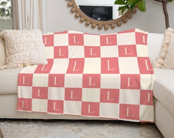 Checkered Board Monogram Initial Blanket Custom Throw Personalized Gift Dorm Room Blanket Warm Cozy Fleece Personalized Fleece Throw Blanket