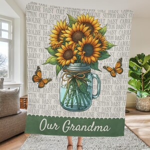 Personalized Name Blanket for Grandma Christmas Gift from Grandson Custom Blanket with Flowers for Nana Mimi Birthday Cozy Gift for Grandma