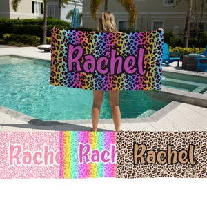 Leopard Print Beach Towel Custom Beach Towel with Name Personalized Summer Gift for Daughter Girls Beach Trip Cotton Beach Towel Rainbow