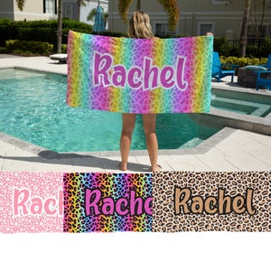 Leopard Print Beach Towel Rainbow Design 90s Nostalgia Summer Gift Cotton Beach Towel Personalized with Name 90s Vibes Girls Trip Towel