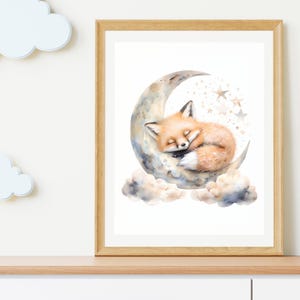 Baby Fuchs Mond Kinderzimmer Wandbild - Aquarell druckbares Tier Poster – Verträumte Himmlische Kinderzimmer Dekoration - Digitaler Download für Babyzimmer