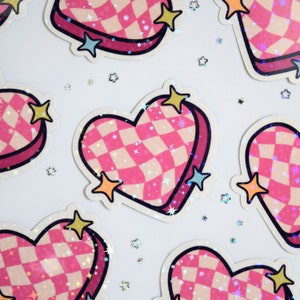 Pink Checkered Heart Holographic Sticker | Cute Pink Heart Sticker for Laptop, Phone case, Notebook