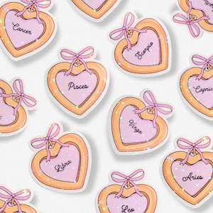 Zodiac Sign Heart Locket Holographic Sticker | Cute Coquette Astrology Sign Pink Heart Sticker for Notebook, Laptop, Phone Case