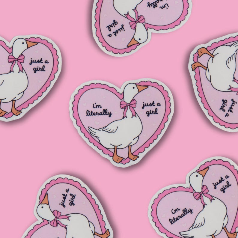 I'm Literally Just a Girl Holographic Sticker | Coquette Aesthetic Pink Heart Cute Goose Sticker for Laptop, Phone case Glossy