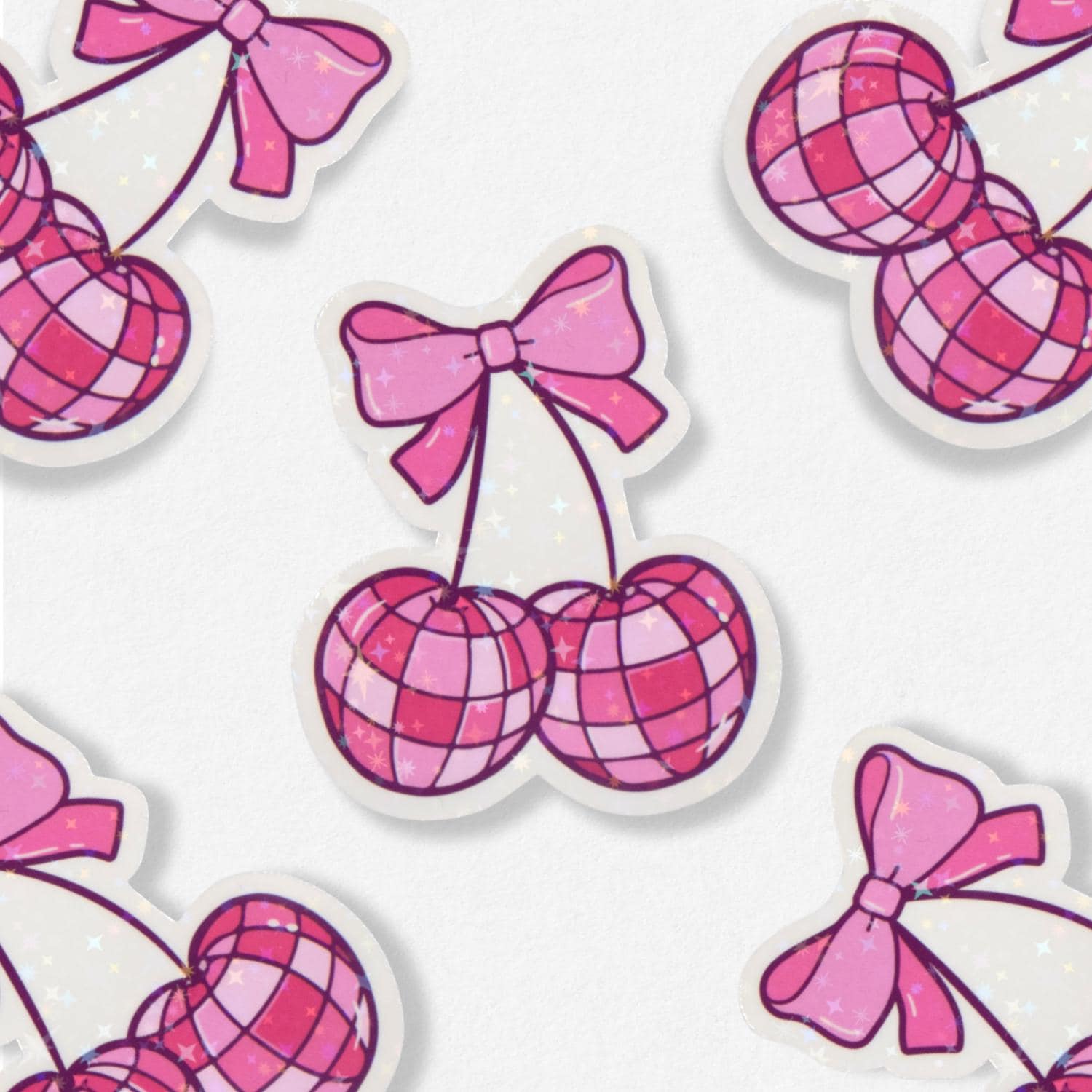 Coquette Disco Cherries Holographic Sticker | Cute Pink Sparkly Coquette Cherry for Laptop, Phone case, Notebook