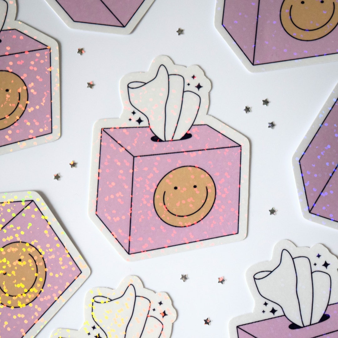 Pink Tissue Box Holographic Sticker | Funny Cute Happy Face Vinyl ...