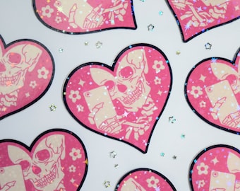 Skeleton Heart Holographic Sticker | Cute Pink Girly Aesthetic Heart Sticker for Laptop, Notebook, Phone case