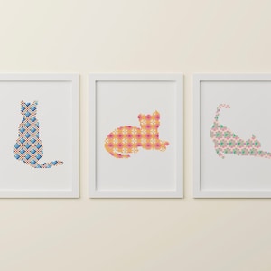 Geometric Multicoloured Cats Silhouette Cross Stitch Design