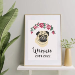 Personalised Floral Pet Pug Dog Memorial Cross Stitch Design