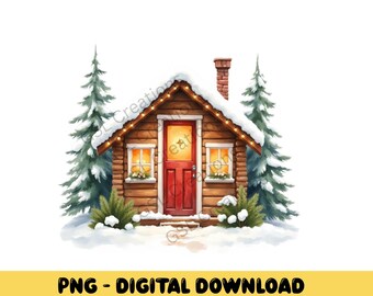 居心地の良い冬の小屋のPNGクリップアート、素朴な丸太小屋のイラスト