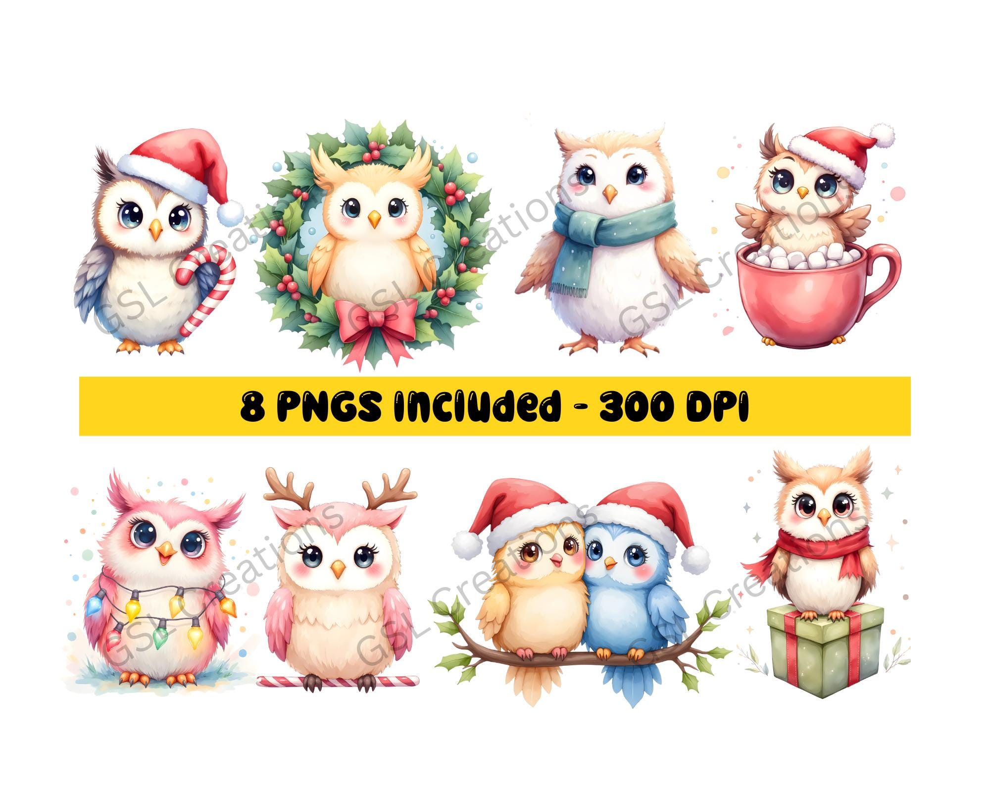 Christmas Owl Clipart Set | Watercolor Holiday Animals (8 PNGs)