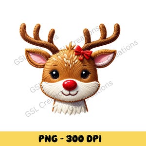 May include: A cartoon illustration of a reindeer head with brown antlers, a red nose, and a red bow. The reindeer has large, expressive eyes and a white muzzle. The image includes the text "PNG - 300 DPI".