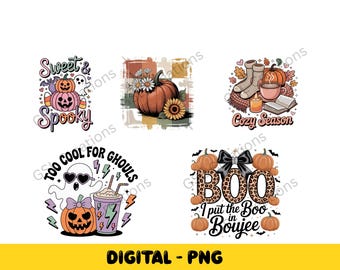 Halloween PNG Bundle | 5 Cute & Funny Fall T-Shirt Designs | Spooky Season Clipart | Witch Ghost Pumpkin Sublimation Graphics