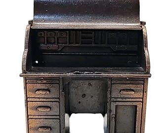 Vintage 1978 Durham Industries Miniature Roll Top Desk Diecast Metal Bronze Tone
