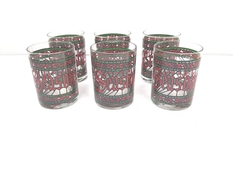 Vintage Houze Seasons Greetings Christmas Lowball Glasses Set  6 Stained Glass