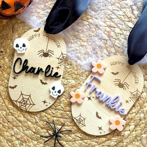 Personalised Halloween Name Tags | Custom Skull or Flower Trick or Treat Basket Tag | Kids Halloween Bag Accessory | Boo Basket Tag