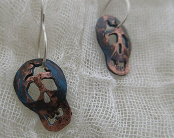 Patinated copper skull earrings