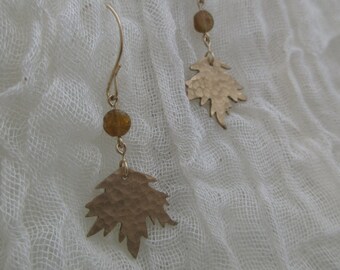 Brass maple leaf earrings with yellow tourmaline and gold-filled ear wires