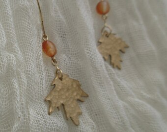 Brass maple leaf earrings with carnelian and gold-filled ear wires