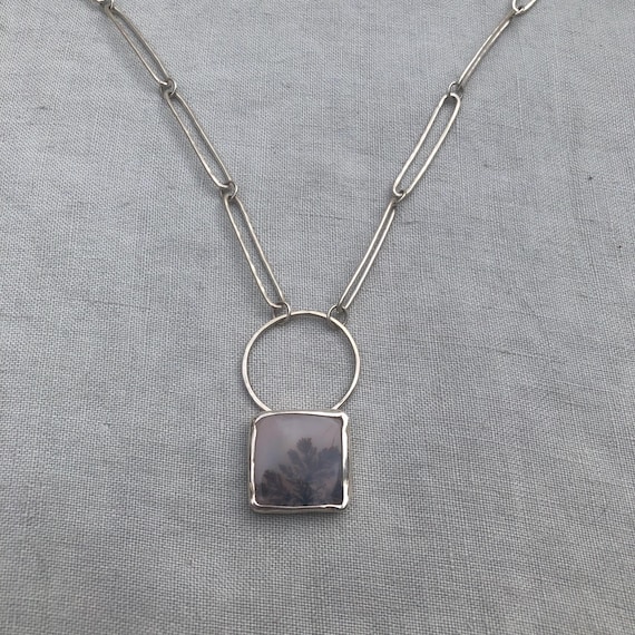 Dendritic agate pendant in argentium sterling silver // Moon pendant