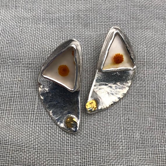 Mixed-metal dendritic agate earrings in argentium sterling silver with 24 karat gold