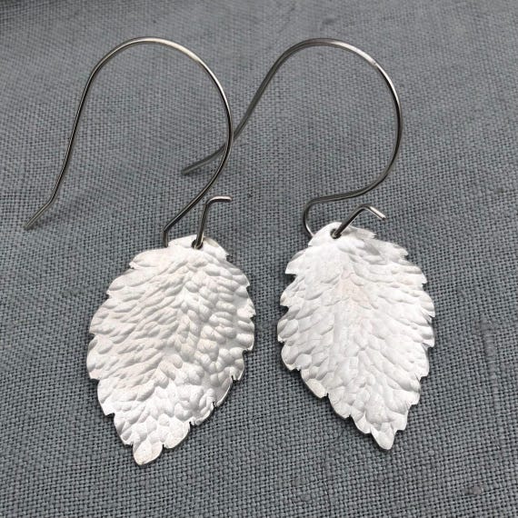 Beech leaf earrings in hammered argentium sterling silver // Botanical earrings