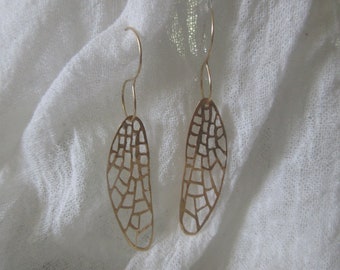 Dragonfly wing earrings in hammered, hand cut NuGold with gold-filled ear wires