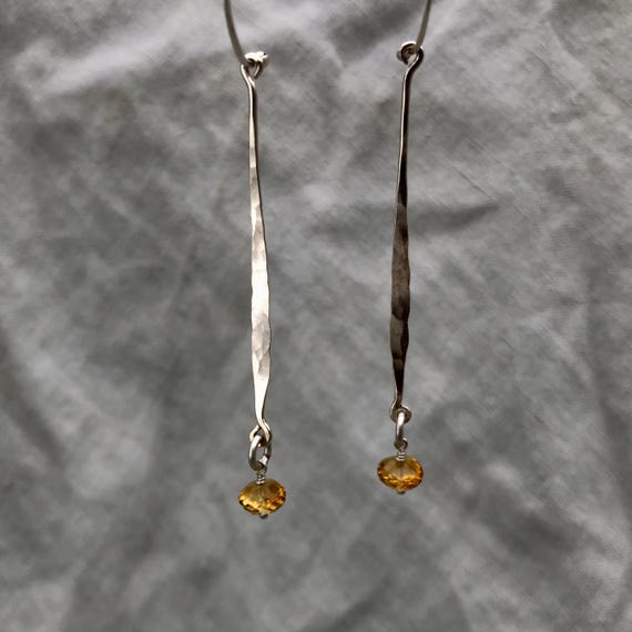 Hammered drop earrings in argentium sterling silver with microfaceted citrine // Kinetic sculptural earrings // November birthstone earrings