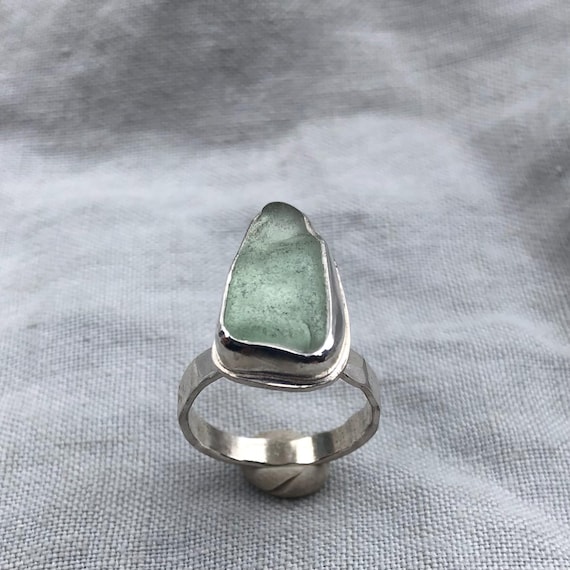 Aqua green sea glass ring in argentium sterling silver // Found beach glass ring // U.S. size 5 3/4