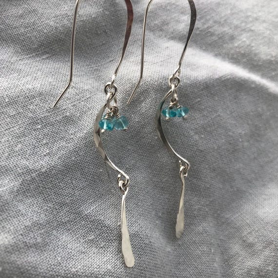 C-curve earrings in argentium sterling silver with bright blue apatite