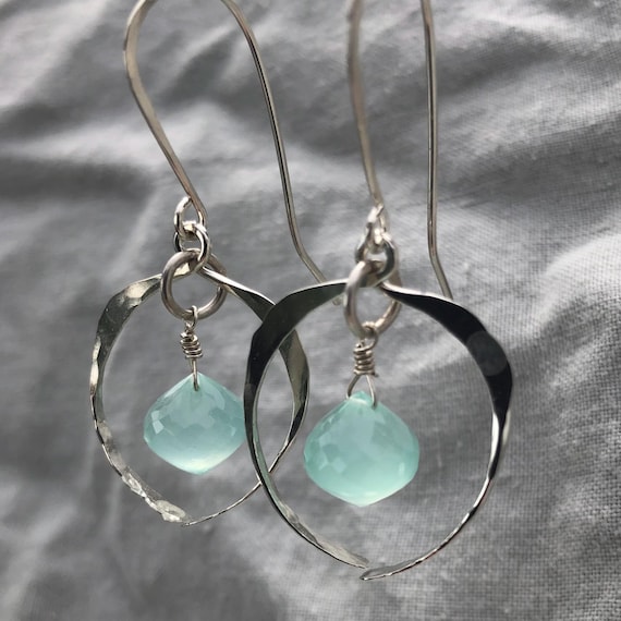 Hammered frame earrings in argentium sterling silver with aqua chalcedony