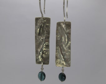 Green tourmaline bar earrings in chased and repoussé argentium sterling silver