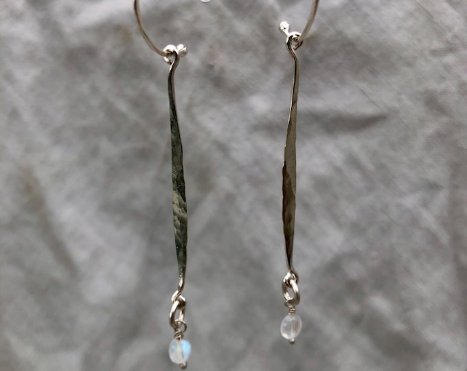 Featured listing image: Hammered drop earrings in argentium sterling silver with moonstone // Kinetic sculptural earrings // June birthstone earrings