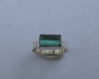 Paraiba blue rectangular tourmaline ring in argentium sterling silver, U.S. size 5-5 1/2