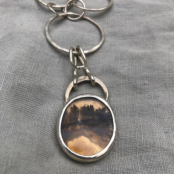Dendritic agate pendant with a chunky handmade argentium sterling silver chain