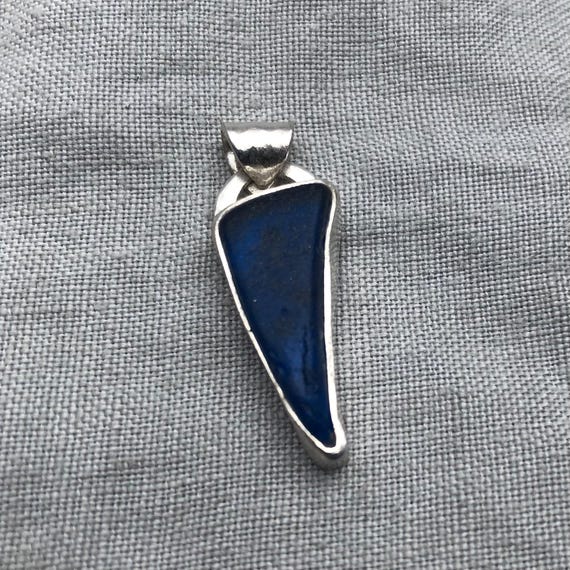 Teal blue sea glass pendant in argentium sterling silver // Found beach glass pendant