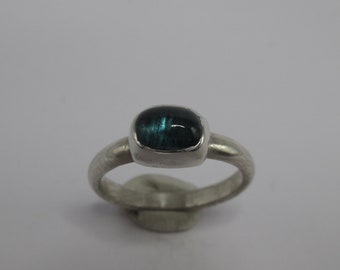 Dark teal tourmaline cabochon ring in argentium sterling silver, size 7 U.S.