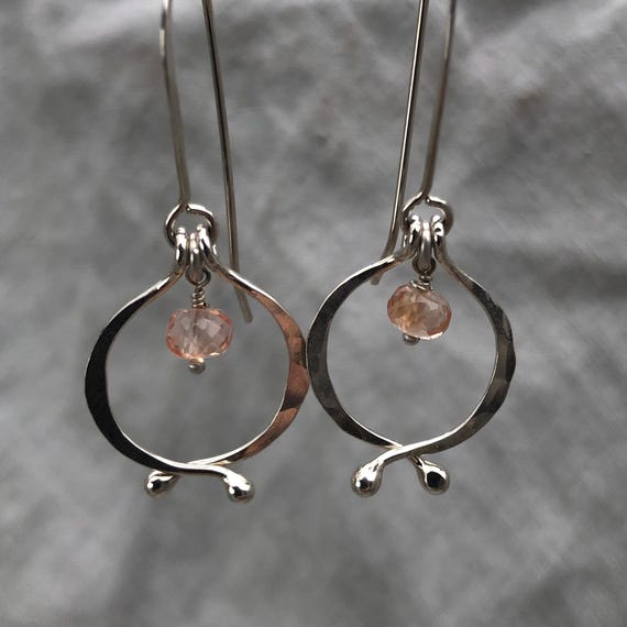 Little double scoop earrings in argentium sterling silver with pink lab sapphires // Kinetic sculptural September birthstone earrings