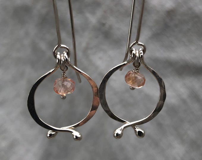 Featured listing image: Little double scoop earrings in argentium sterling silver with pink lab sapphires // Kinetic sculptural September birthstone earrings