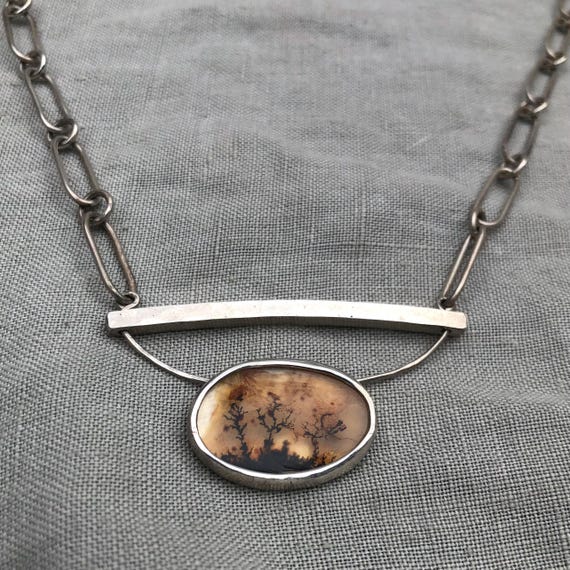 Dendritic agate necklace on handmade paperclip chain in argentium sterling silver no. 1