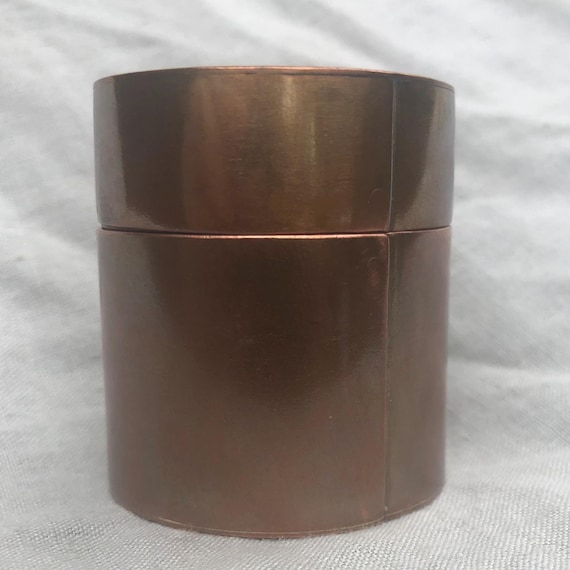 Small copper jar with natural patina // Lidded copper jar with rivets