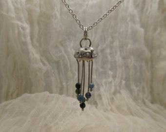 Indicolite blue tourmaline jellyfish pendant in argentium sterling silver