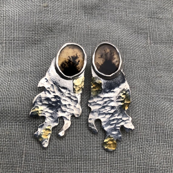Mixed-metal dendritic agate earrings in argentium sterling silver and 24 karat gold with high-quality scenic stones