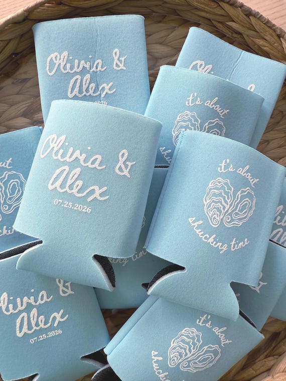 Custom Oyster Wedding Koozies | Coastal Beach Celebration Drink Sleeves