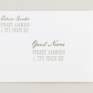 Puede incluir: Un sobre blanco con texto gris elegante. El texto incluye "Return Sender" y detalles de la dirección en la parte superior, y "Guest Name" y detalles de la dirección en la parte inferior. El diseño es simple y clásico.