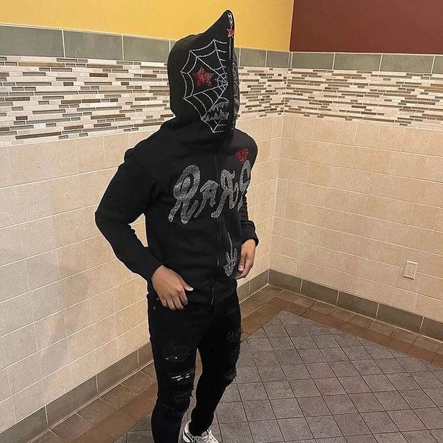 Y2K Full Zip up Hoodie Men Autumn Winter Gothic Rhinestones Etsy